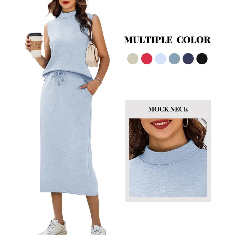 Casly Lamiit Women's 2-Piece Soft Fabric Crew Neck Cap Sleeve Top & Drawstring Midi Skirt Set with Pockets, Summer Lounge Basics Outfits