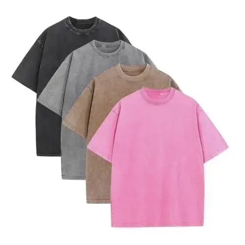 Men's 4-Pack Baggy Oversized Heavyweight Acid Wash Cotton Short-Sleeve Classic Crew Neck Tees - Loose-Fit, Breathable Cotton Keeps Workouts Cool, Built for Gym Street Lounge, Easy-Care Tops (Black, Coffee, Grey)