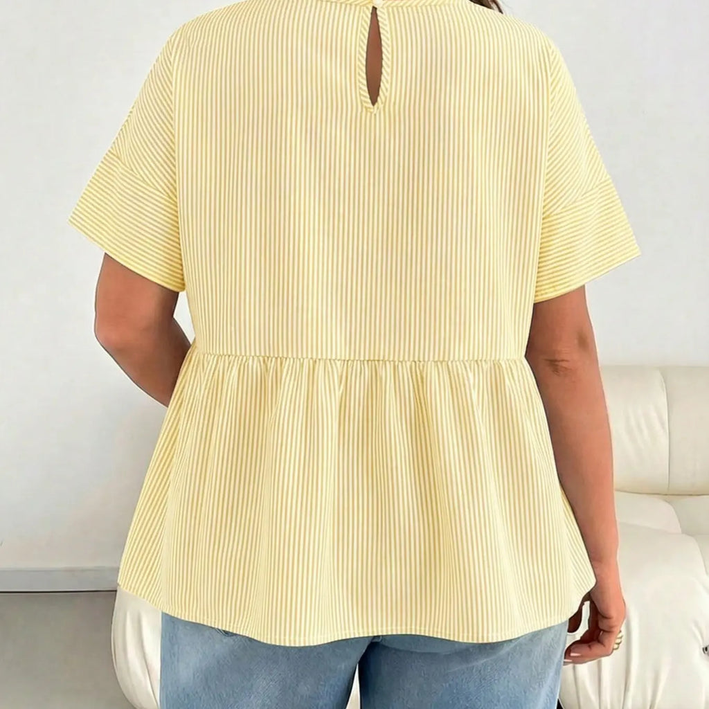 Plus Size Oversize Solid Striped Ruffle Top, Loose Fit Women's Round Neck Short Sleeve Shirt Blouse, Perfect for Daily Wear, Fashionable, Casual, Aesthetic and Versatile, Ruffled Everyday, Bohemian Casual Top, Boho Bohemian Blouse, Summer Vibes Tops
