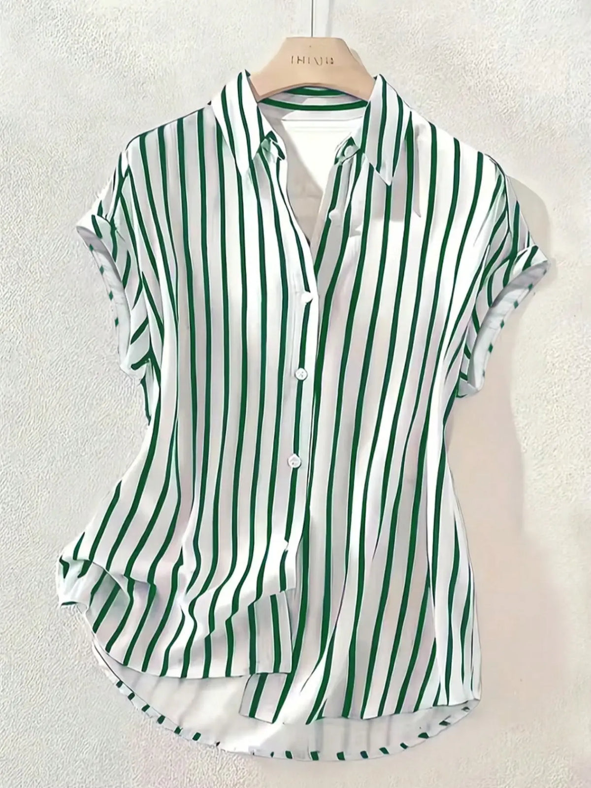 Women's Summer Striped, Single-Breasted Drop Shoulder Short Sleeve Shirt, Loose Tops, High-Low Hem Polyester Colorblock Button-Front Top