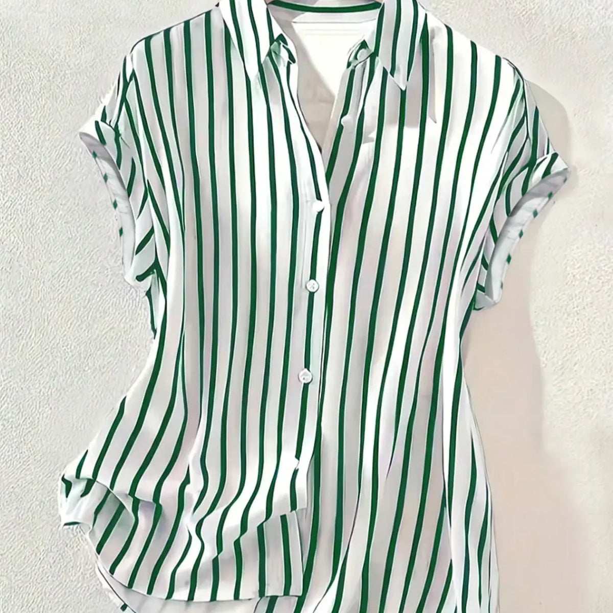 Women's Summer Striped, Single-Breasted Drop Shoulder Short Sleeve Shirt, Loose Tops, High-Low Hem Polyester Colorblock Button-Front Top