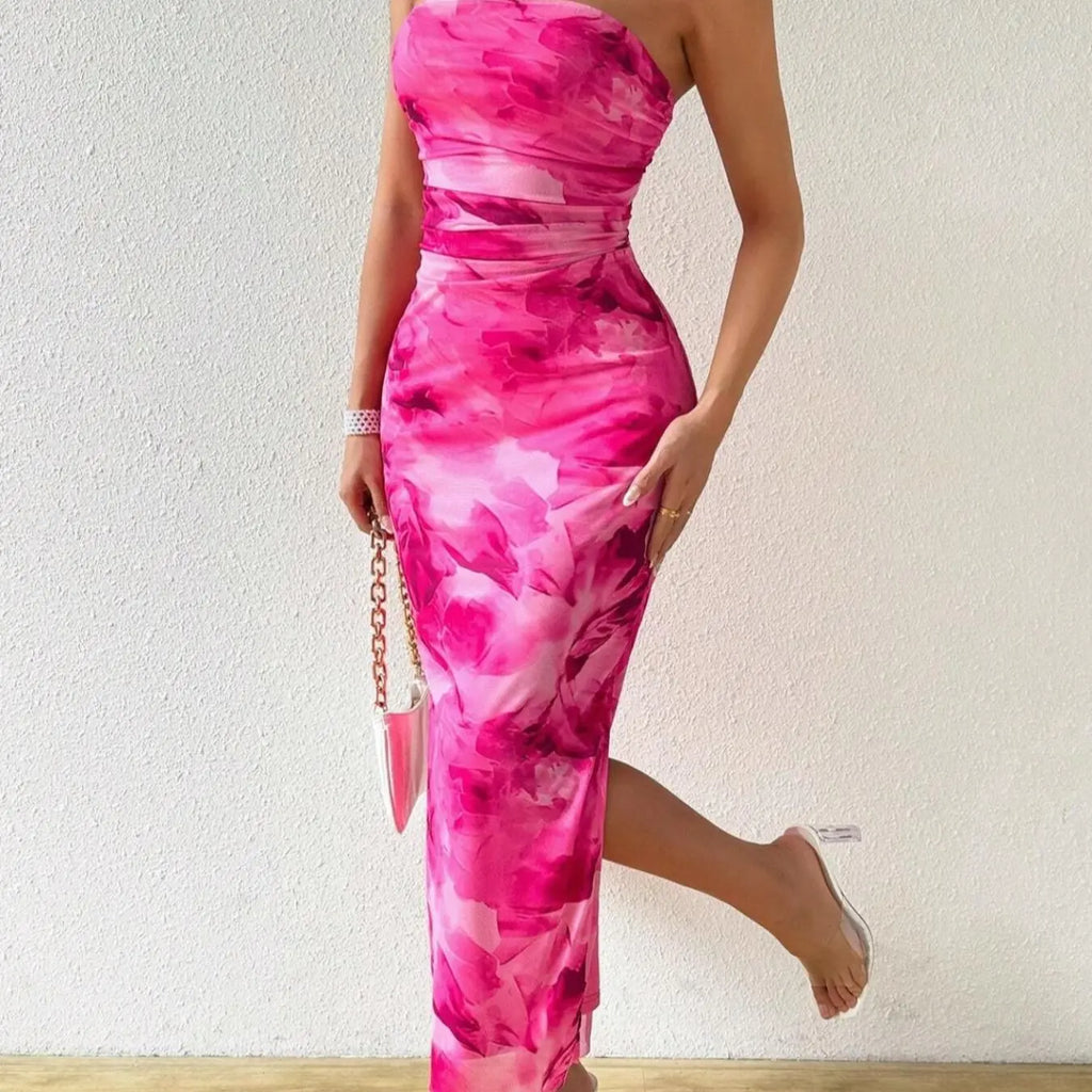 LovelyWholesale, Mother's Day Under $10, Women's All Over Print Ruched Backless, Strapless, Sleeveless Split Thigh Bodycon Fit Tube Dress, Sundress Maxi Dress, Elegant Fashion Dress, for Spring And Summer, Beach Holiday Elegance, Backless Fitted Dress