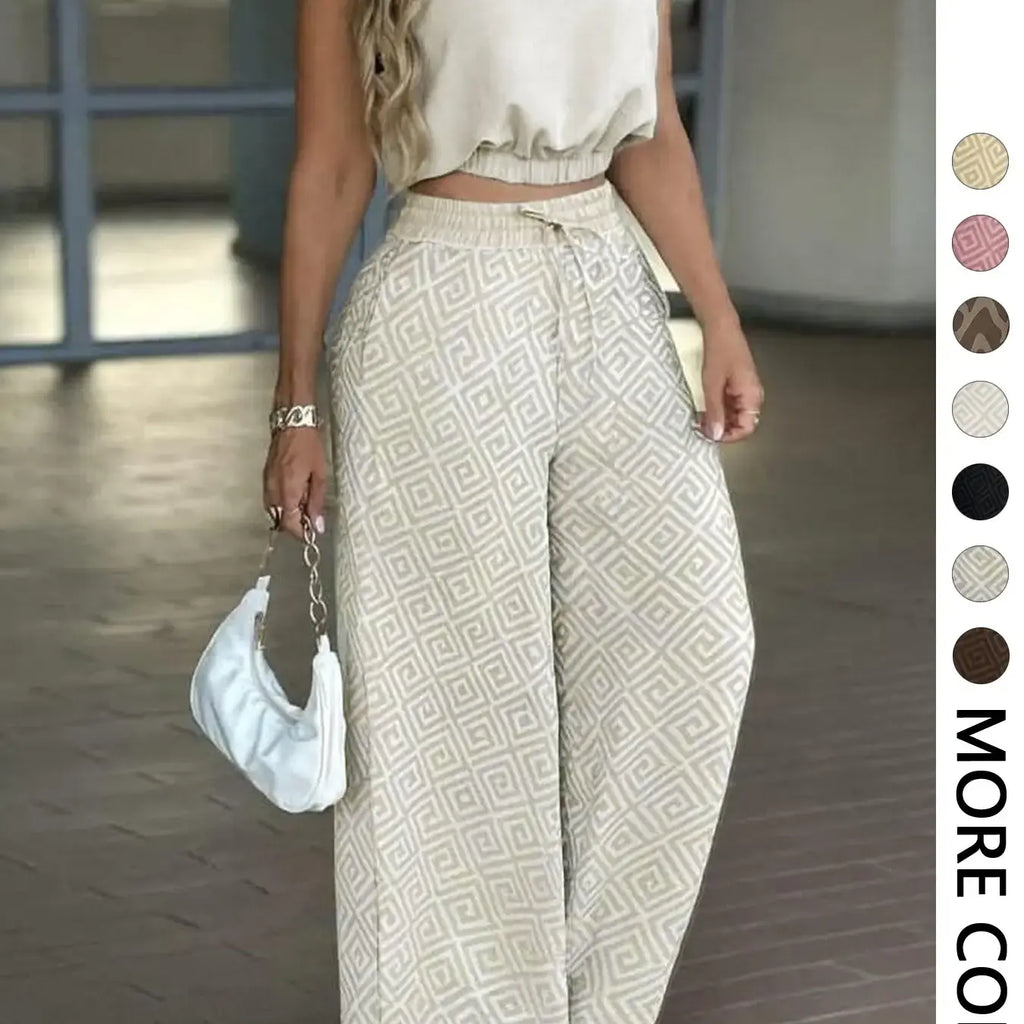 2-Piece Women's Casual Commuter Clothes Set, Two Pieces Outfits, Sleeveless Collared Waist-Defined Top with High-Waisted Adjustable Drawstring Wide-Leg Pants