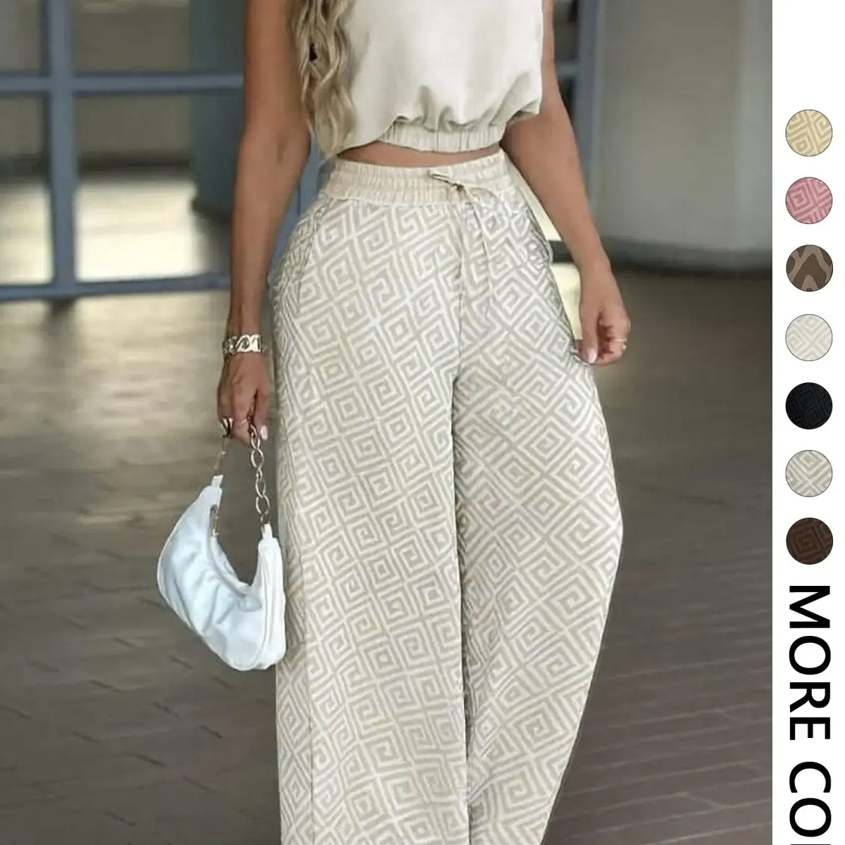 2-Piece Women's Casual Commuter Clothes Set, Two Pieces Outfits, Sleeveless Collared Waist-Defined Top with High-Waisted Adjustable Drawstring Wide-Leg Pants