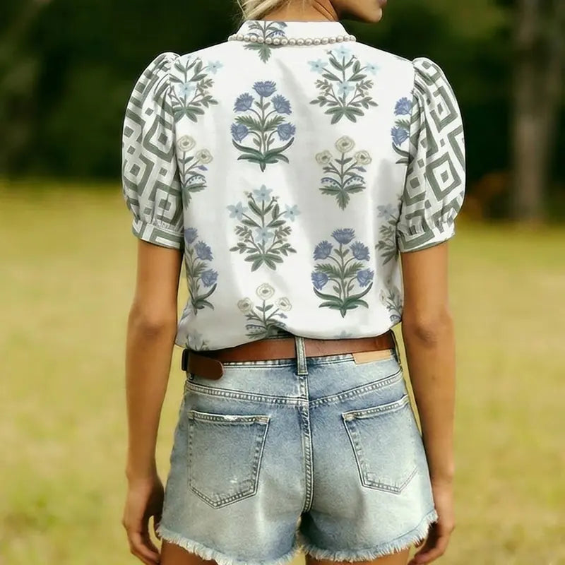 Cherrybetty 100% Cotton Mixed Floral Print Ruffle Neck Puff Sleeve Top Spring Fashion Tiktok Shop Spring Glow Up Summer Blouse Outfit Inspo Going Out Tops