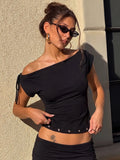 Women's Plain Off-Shoulder Lace-Up Crop Top, Slim Fit Body-Hugging T-Shirt with Metal Eyelet Detail, Y2K Summer Top for Party, Club and Date Night