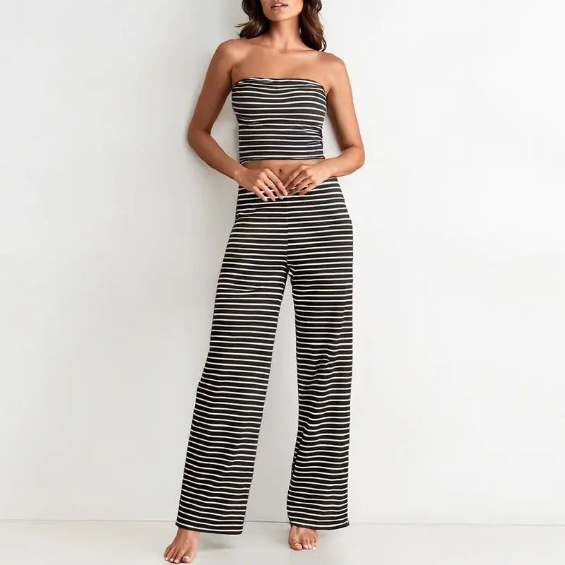 Katch Me Chic(US/CN)Women's Casual Color Matching Stripe Slim Tube Top & Low-Rise Wide Leg Trousers Co-ord, Lightweight Wrinkle-Resistant Spring & Summer Outfits, Skin-Friendly Two Piece Sets #TikTokMadeMeBuyIt #TwoPieceSet #SummerEssentials Cropped Soft