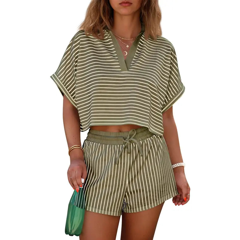 Cicy Bell Womens Striped 2 Piece Short Sets Summer Short Sleeve Collared V Neck Cropped Tops Vacation Casual Lounge Outfits