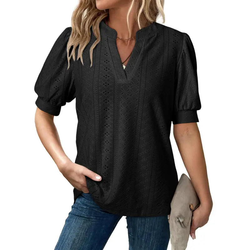 Dokotoo Women's Summer Business Casual Blouses V Neck Short Sleeve Shirts Hollow Out Cute Lace Tops Loose Fit Breathable Fabric