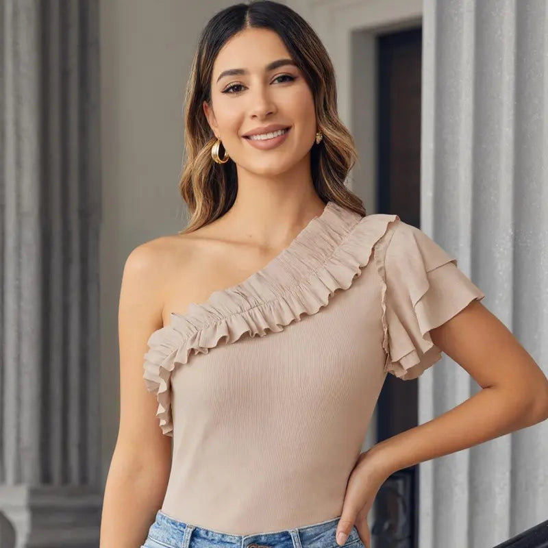 Tankaneo Womens One Shoulder Shirts Ruffle Sleeve Slim Fit Knitted Ribbed Summer Tops
