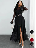 Women's Romantic Polka Dot Split Mesh Patchwork Layered Elegant Chic Formal Flared Skirt Dress, Long Sleeve, Fitted Style, Evening Formal Wear, All Seasons, No Waistband Included