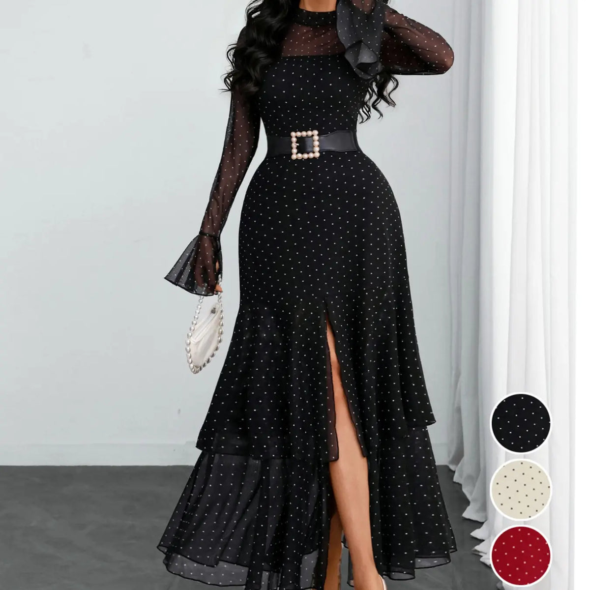 Women's Romantic Polka Dot Split Mesh Patchwork Layered Elegant Chic Formal Flared Skirt Dress, Long Sleeve, Fitted Style, Evening Formal Wear, All Seasons, No Waistband Included