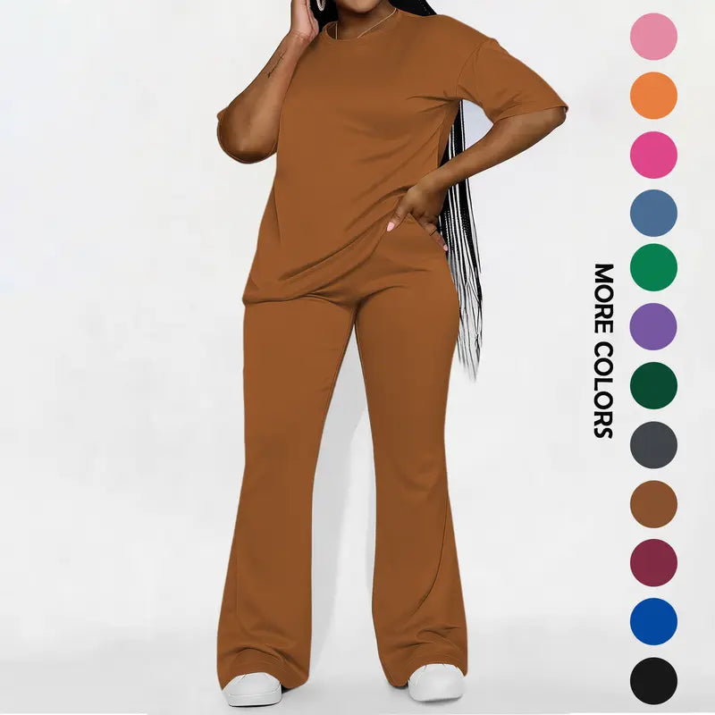 Women's Solid Drop Shoulder 2-Piece Set - Half Sleeve Crewneck (Round Neck) Fitted Minimalist Tee & Pants, Casual Cozy Womenswear for Daily Outdoor Fall Wear, Casual Women's Set Suits Basic Shortsleeve Clothes, Matching Sets, Stylish Women's Wear