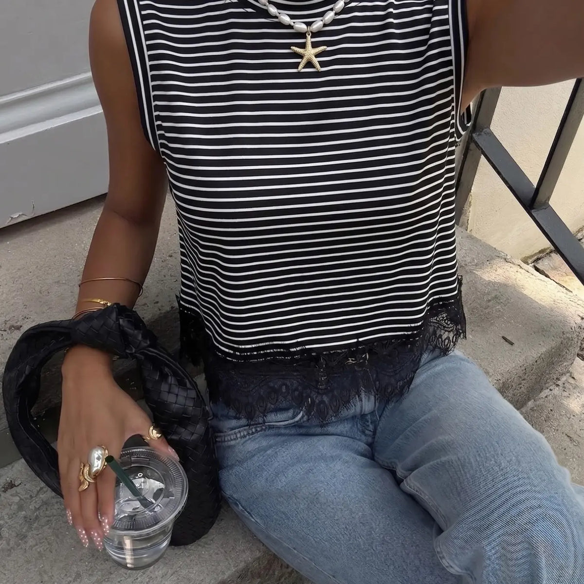 American-Style Striped Lace Sleeveless Top, Classic Retro Design, Casual Everyday Wear, Womenswear