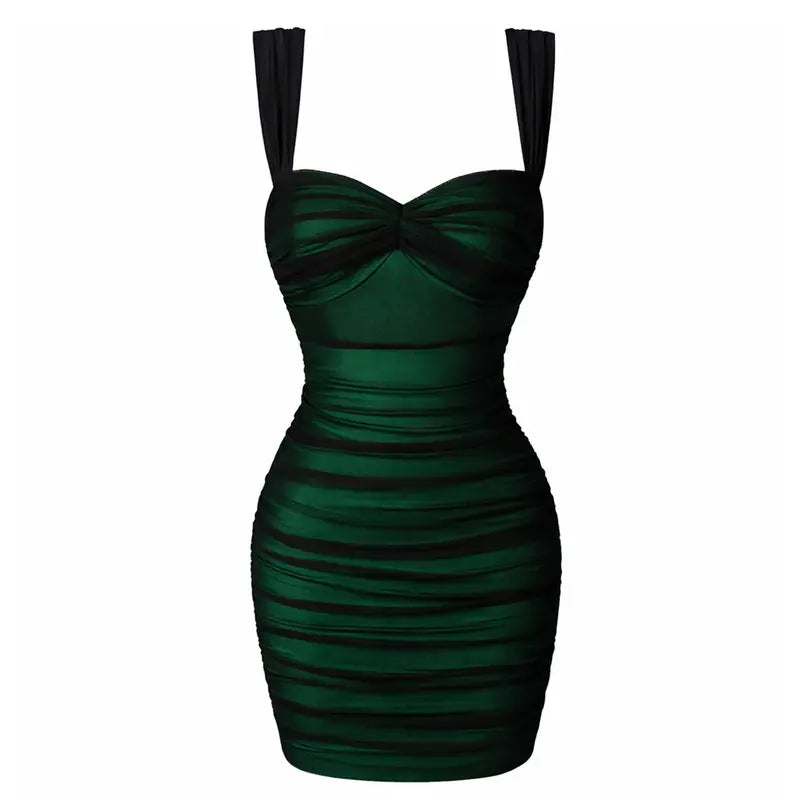 HYZ Women's Summer Sexy Bodycon Sleeveless Tank Straps Mesh Ruched Mini Party Dress