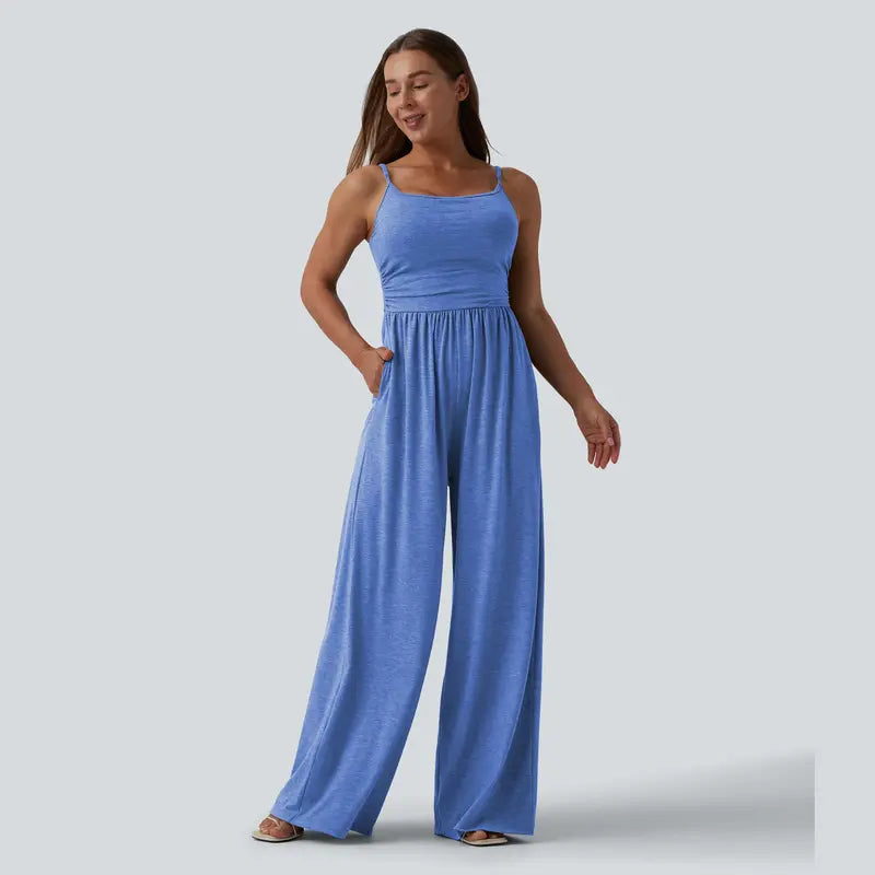 Halara Adjustable Straps Ruched Wide Leg Heathered Casual Jumpsuit with Pockets-Easy Peezy