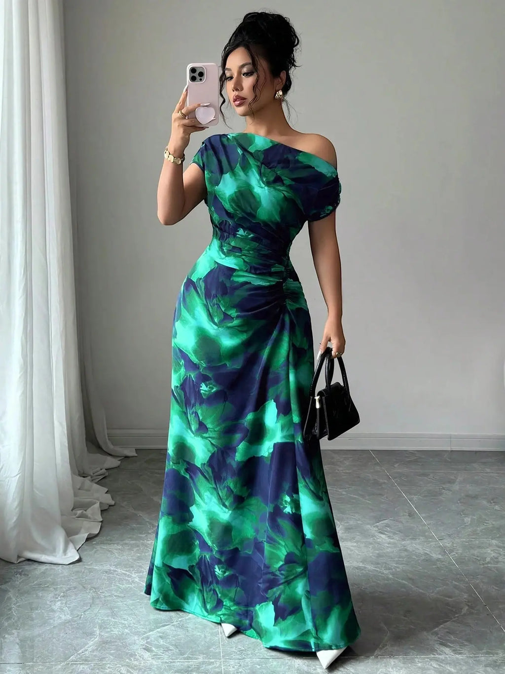 Women's Minimalist Print Asymmetrical Ruffled Floral Formal Dress with Shoulder and Waist Details, Elegant Chic Evening Formal Wear Fashion for Parties and Casual Outings