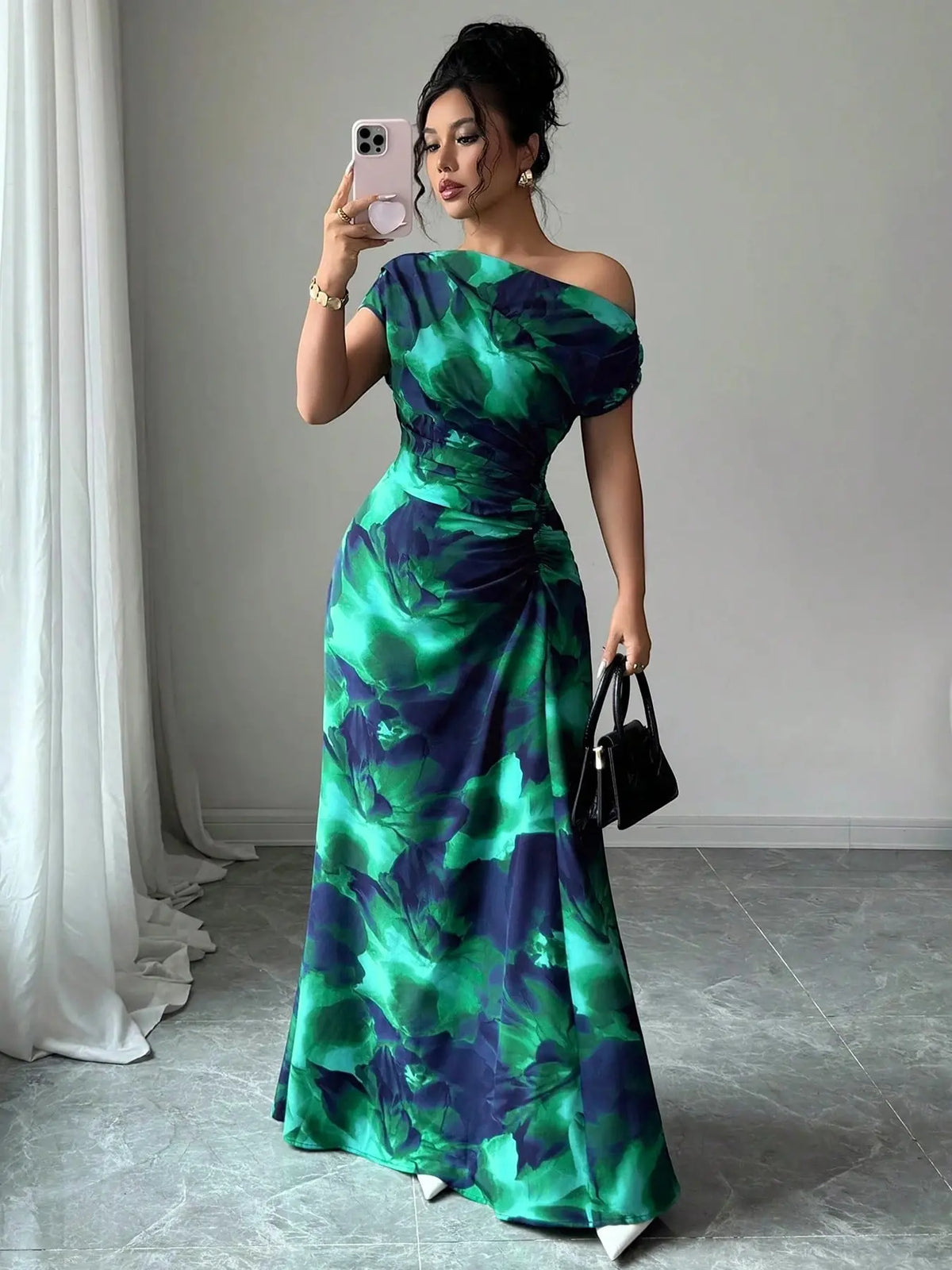 Women's Minimalist Print Asymmetrical Ruffled Floral Formal Dress with Shoulder and Waist Details, Elegant Chic Evening Formal Wear Fashion for Parties and Casual Outings
