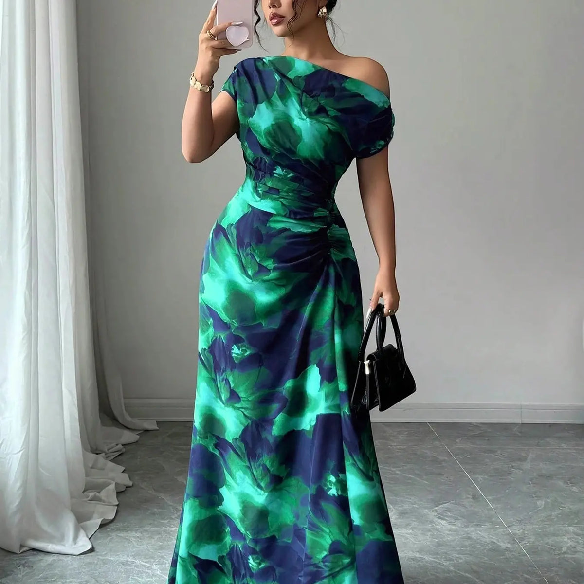 Women's Minimalist Print Asymmetrical Ruffled Floral Formal Dress with Shoulder and Waist Details, Elegant Chic Evening Formal Wear Fashion for Parties and Casual Outings