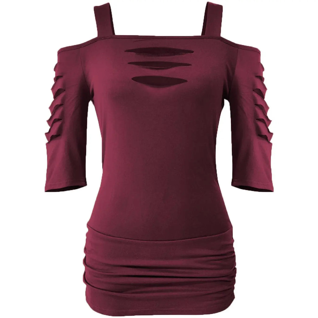 Choove Women's Cold Shoulder 3/4 Sleeve Top, Cutout Strap Detail and Ruched Sides, Slim Fit Going Out Shirt