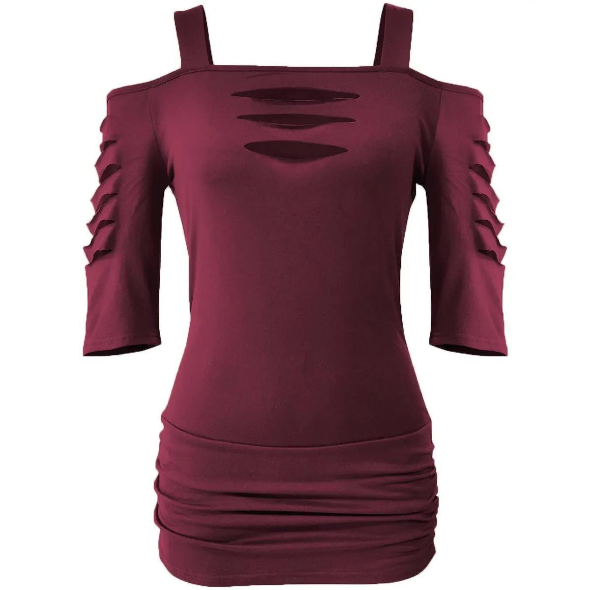 Choove Women's Cold Shoulder 3/4 Sleeve Top, Cutout Strap Detail and Ruched Sides, Slim Fit Going Out Shirt