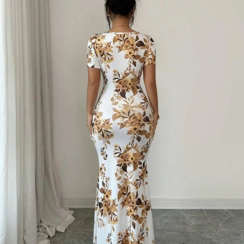 Women's Summer Split Hem Short Sleeve Long Formal Dress, Elegant Waist Cinch Dress for Vacation, Beach & Holiday, Floral Print Evening Gown, Dress Up Gown, Printed Dress