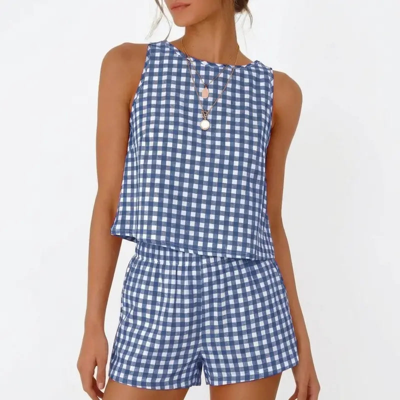 IDEALSANXUN Women's Cute 2-Piece Casual Knit Set - Ribbed Knit Gingham Tank Top with Button Accent, Matching Checkered Shorts, Cropped, Soft Lightweight Cotton, Elastic Waist, Summer Beach Outfit, Two Piece Sets