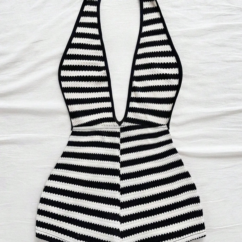 Women's New Fashion Comfortable Versatile Casual Deep V Neck Halter Striped Knit Chic Romper Vest Jumpsuit Shorts Set, Stylish All-Season Wear, Womenswear