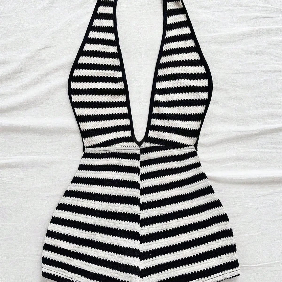 Women's New Fashion Comfortable Versatile Casual Deep V Neck Halter Striped Knit Chic Romper Vest Jumpsuit Shorts Set, Stylish All-Season Wear, Womenswear