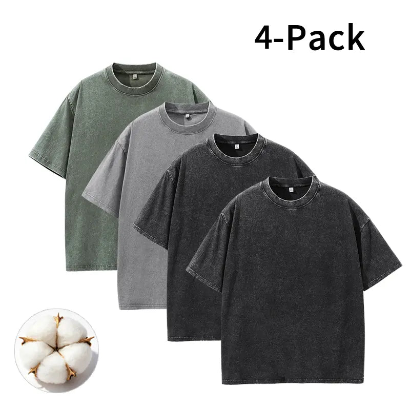 Men's Vintage Washed Cotton Streetwear T-Shirts, 2/4-Pack Oversized Plain Round Neck Bundle Short-Sleeve Tops with Cotton Build for Daily Rotation, Men's T Shirts