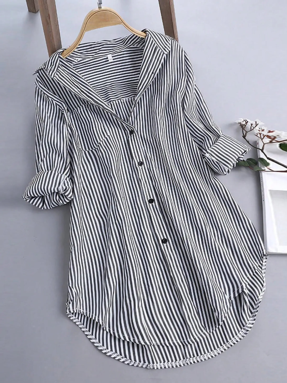 Spring & Summer Women's Striped Long Sleeve Shirt, Casual Versatile Commute Medium-Length Blouse with Buttons, Fashionable Daily Wear Top, Button Front Top