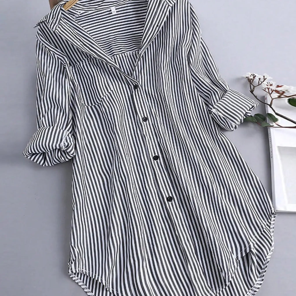 Spring & Summer Women's Striped Long Sleeve Shirt, Casual Versatile Commute Medium-Length Blouse with Buttons, Fashionable Daily Wear Top, Button Front Top