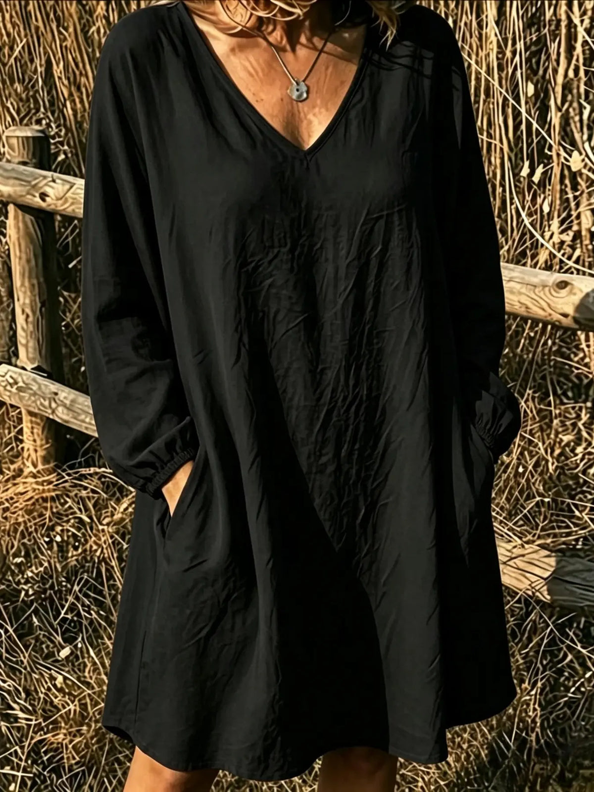 Elegant V-Neck Top, Loose Long Sleeve with Large Pockets, Breathable Linen Texture, Casual Summer Shirt for Women, Comfortable and Stylish