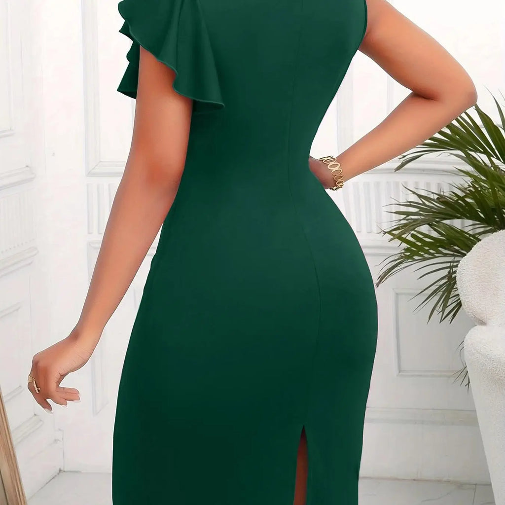 Spring/Summer Ruched Leaf-Hem Slim-Fit Chic Elegant One-Shoulder Women Dress in Burgundy, Elastic Fabric with Waist-Cinching Design, Evening Formal Wear for Parties, Dinners, Church and Special Occasions
