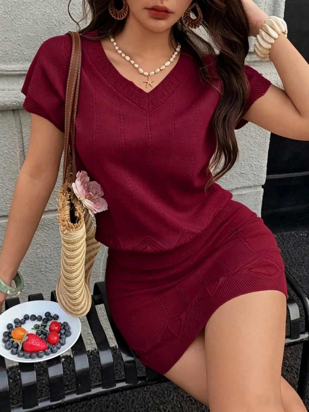 Two-Piece Women's Summer Clothes Set, V-Neck Hollow Out Cutout Top, Short A-Line Skirt, Slim Fit, Casual Elegant Chic Style, Knitwear for Vacation, Skirt And Top Set