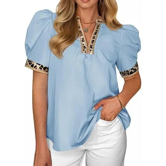 TANKANEO Women's Elegant Chic V-Neck Puff Sleeve Polyester Blouse - Dressy Tops for Coffee, Party, Summer, Loose Fit with Floral or Leopard Prints, Blouses for Women