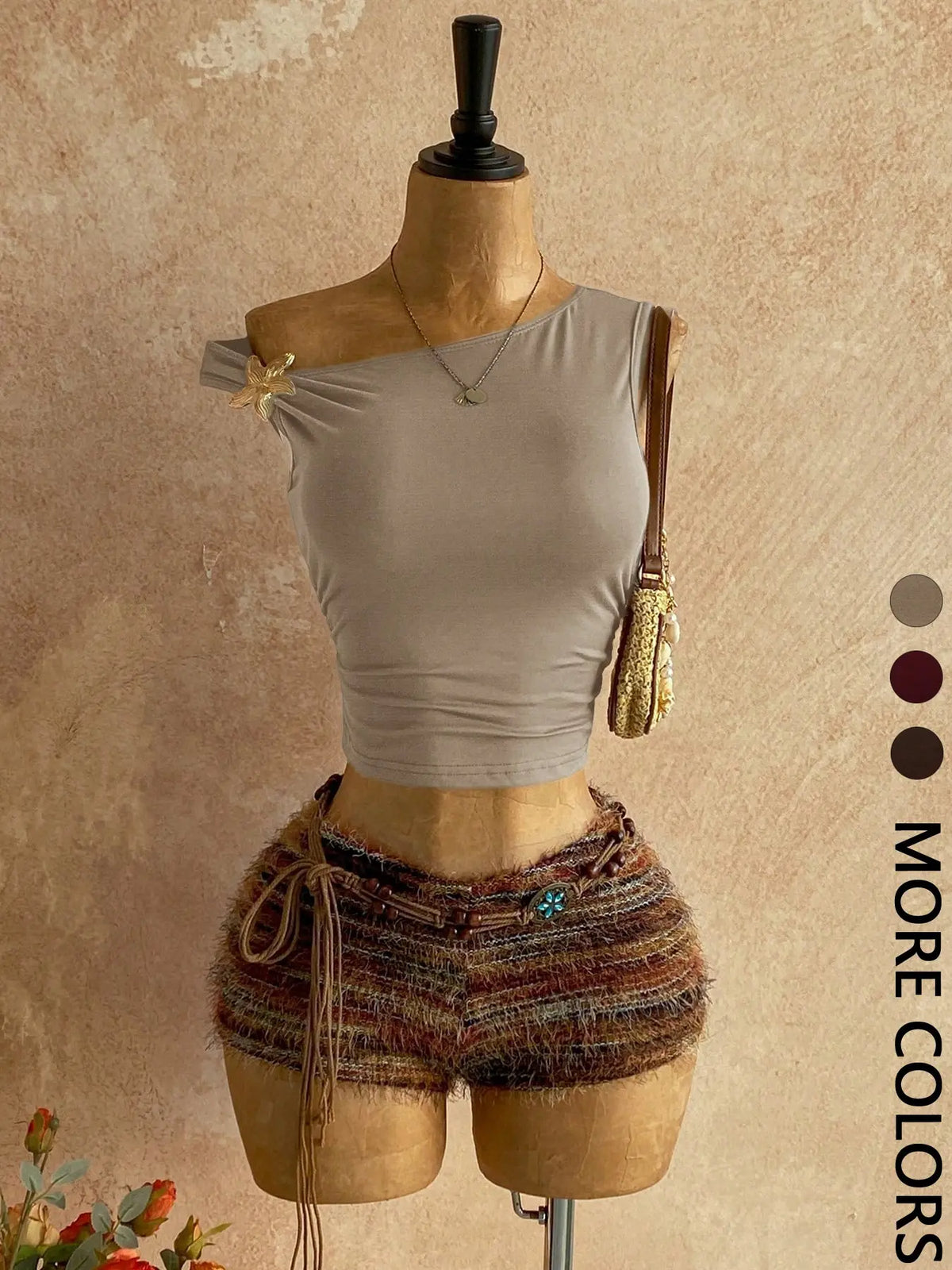 Y2K Aesthetic Casual Womenswear One-Shoulder Sleeveless Metallic Accent Crop Top & Vintage Fringe Tweed Shorts Set Striped Sets Shorts Sets Outfits Summer Sets