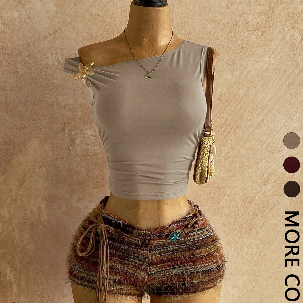 Y2K Aesthetic Casual Womenswear One-Shoulder Sleeveless Metallic Accent Crop Top & Vintage Fringe Tweed Shorts Set Striped Sets Shorts Sets Outfits Summer Sets