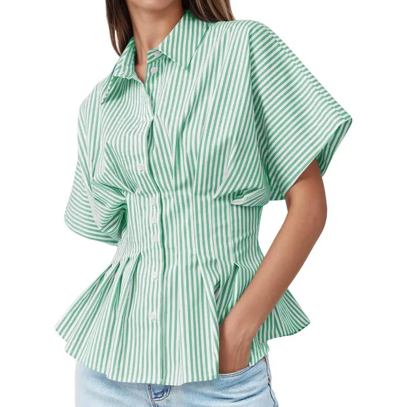 TANKANEO Women's Striped Peplum Button-Down Blouse - Short-Sleeve Batwing, Fitted Waisted, Pleated Polyester Shirts for Women, Flattering Everyday Tops, Breathable Casual Summer Business Wear