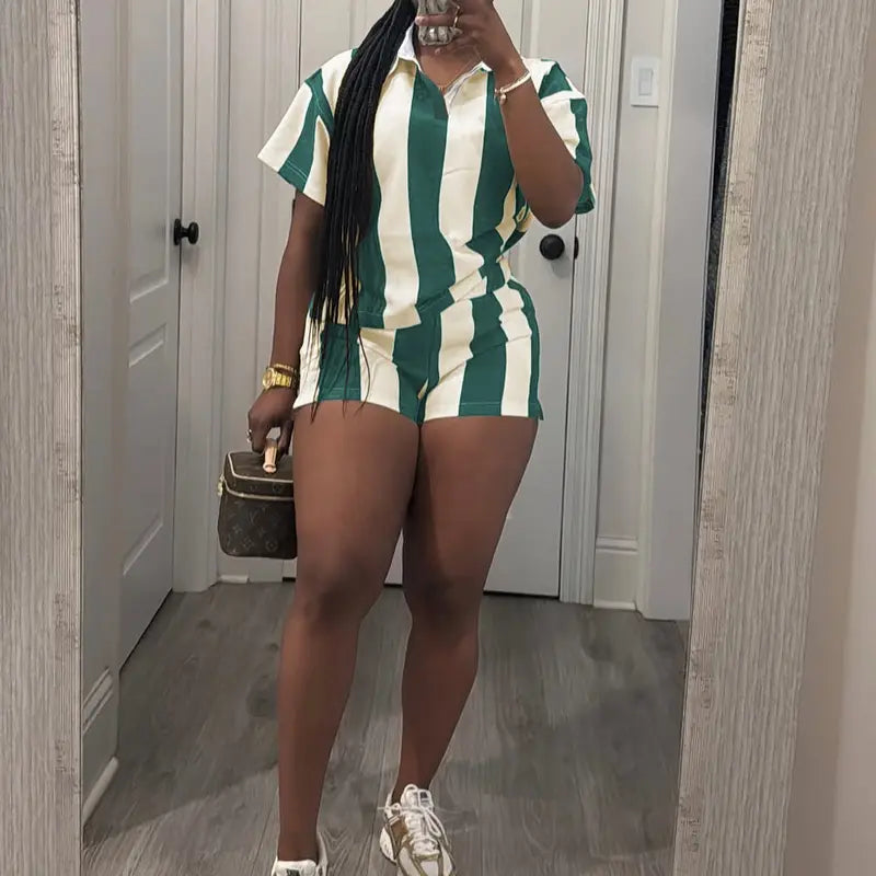 USBOUTIQUE CHIC Women's 2026 Spring Two Piece Set Striped Short Sleeve Top & Drawstring Shorts Casual Outfit for Comfort
