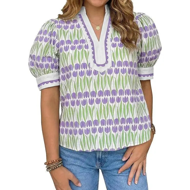 TANKANEO Women's Elegant Chic V-Neck Puff Sleeve Polyester Blouse - Dressy Tops for Coffee, Party, Summer, Loose Fit with Floral or Leopard Prints, Blouses for Women