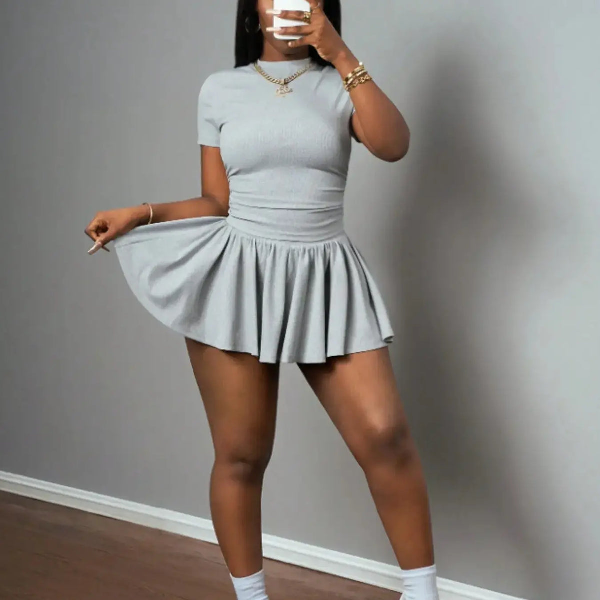 Women's Casual Basic Summer Sports Style Round Neck Short Sleeve T-Shirt + Umbrella Skirt Set Outfit, Two-Piece Knit Fabric, All Seasons Clothes #GLOBAL PICKS