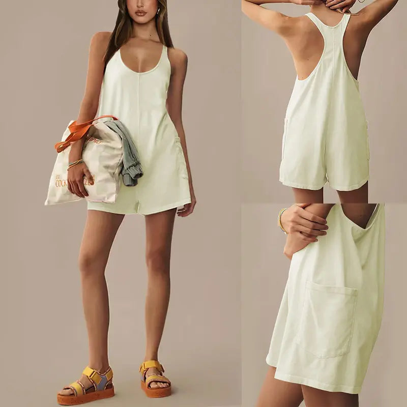 Ommig Women's Breezy Cotton-Elastane Pocketed Pullover Romper - Cute Sleeveless Square Neck Oversized Casual Athletic Basics, Above-The-Knee Work-To-Beach Maternity Summer Shorts Jumpsuit
