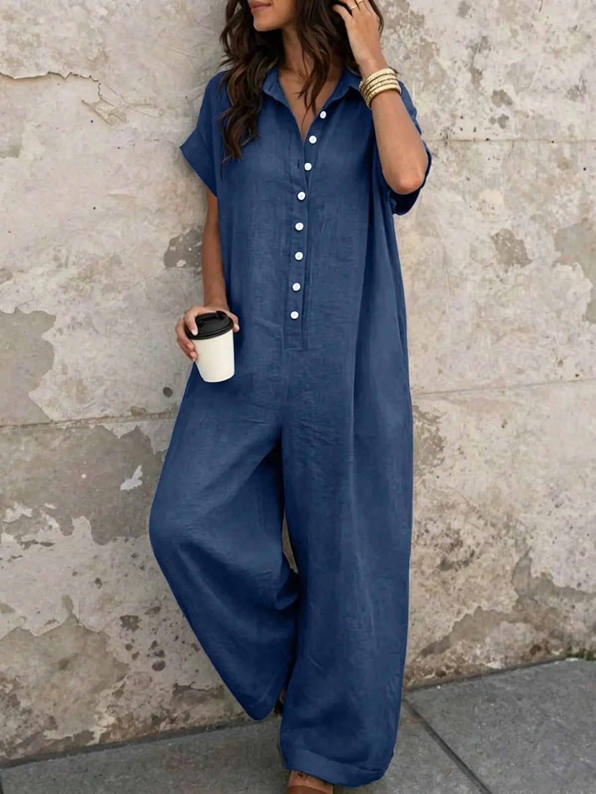 Women's Casual Minimalist Loose-Fitting Jumpsuit, Summer Short Sleeve Collared Print Jumpsuit, Wide Leg Long Pants with Button Closure