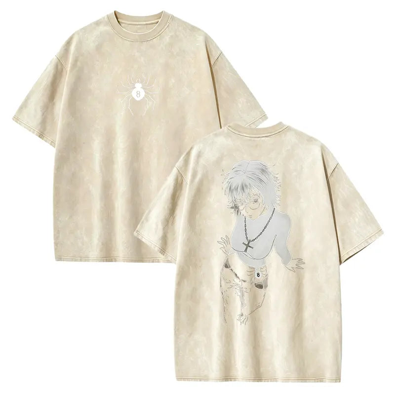 Men's Hunter X Hunter Shizuku Graphic T-Shirt - 100% Heavyweight Cotton, Vintage Washed, Ribbed Elastic Knit, Short-Sleeve, Loose Baggy Fit, Casual Anime Merchandise, Round Neck Graphic Shirt, Size L