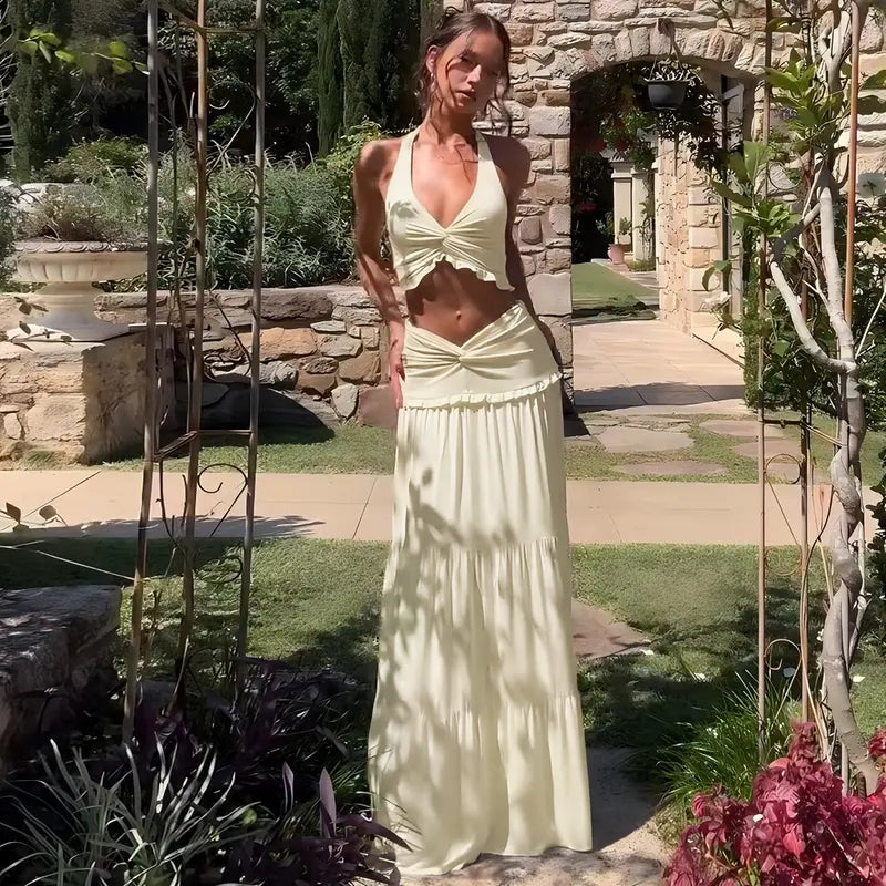 Backless Crop Top & Ruched Skirt Two Pieces Set Women's 2026 Summer & Fall New Clothes Sleeveless Halter Neck Top & Skirt Ladies Holiday Vacation Beach Lightweight Outfits Solid Color Skirt Suit