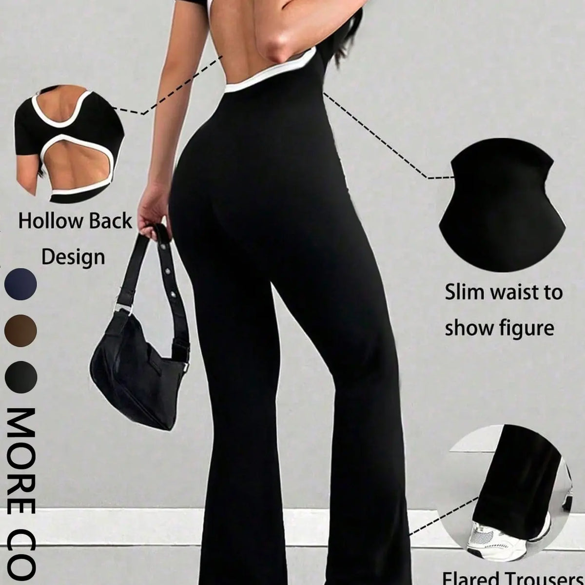 Casual Slim Fit Jumpsuit, Women's Colorblock Backless Flared Hem Design, Comfortable and Stylish One-Piece Clothing for Daily Wear, Backless Fitted Jumpsuit
