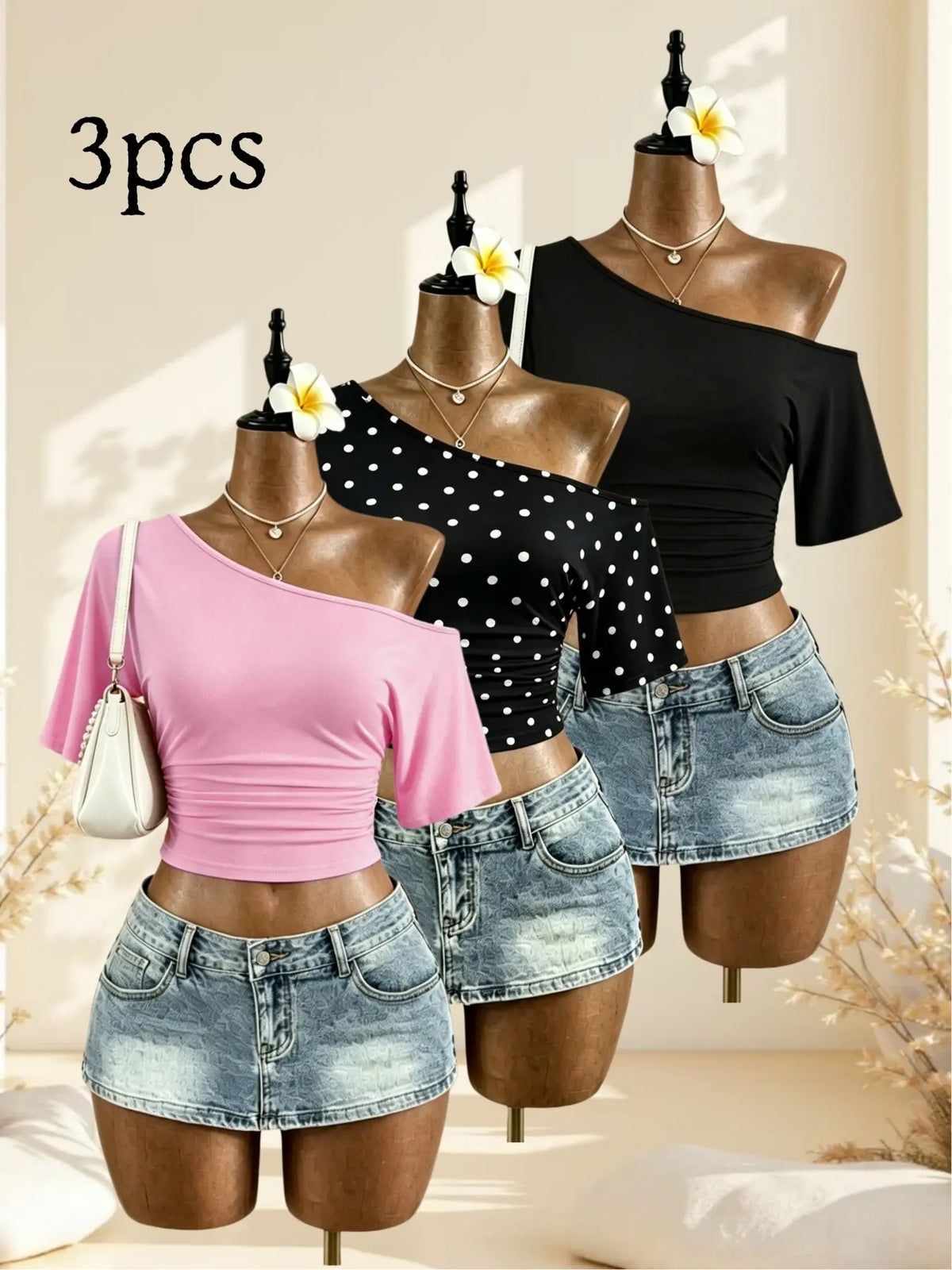 American Vintage Summer Asymmetrical Shoulder Pleated Short Sleeve Top, Polka Dot Solid Color Waist Cinch Slim Fit T-Shirt Set of Three