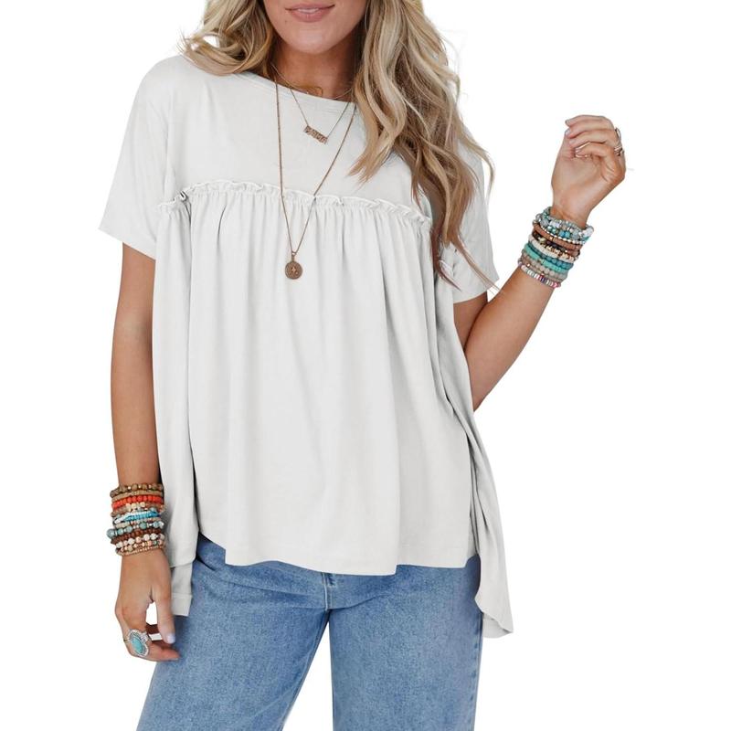 Imily Bela Womens Summer Babydoll Tunic Tops Pleated Short Sleeve Crew Neck Peplum T Shirts Casual Loose Fit Outfits Womenswear Blouse church outfit Breathable Chic