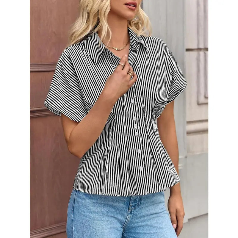 TANKANEO Women's Striped Peplum Button-Down Blouse - Short-Sleeve Batwing, Fitted Waisted, Pleated Polyester Shirts for Women, Flattering Everyday Tops, Breathable Casual Summer Business Wear